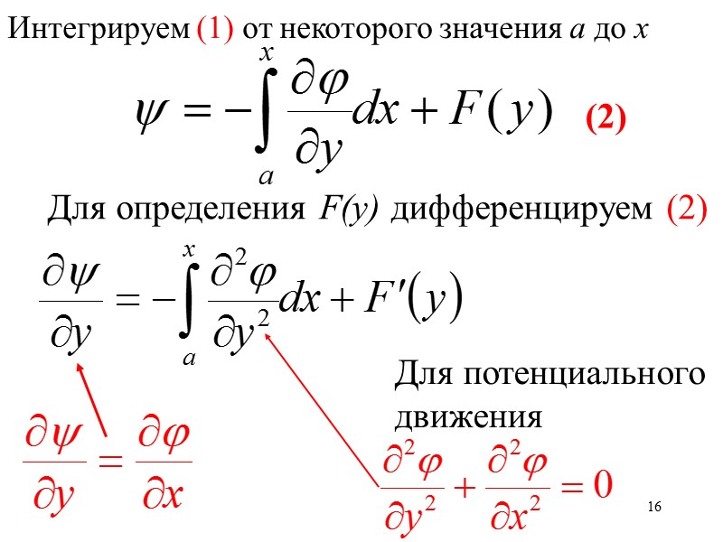 16 Интегрируем (1) от некоторого значения а до х Для определения F(y) дифференцируем (2)
